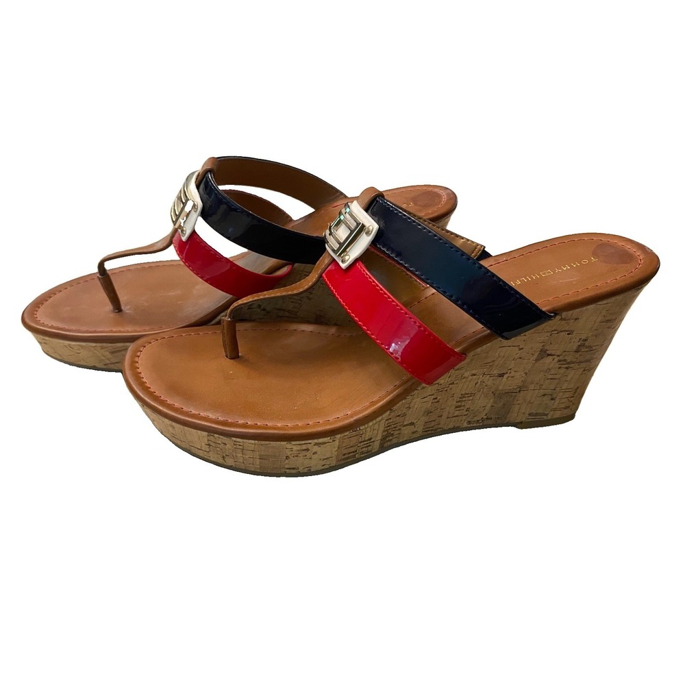 ⁠Tommy Hilfiger Wedges Sandals Women 9.5 M Red Navy Blue Patent Cork Platform